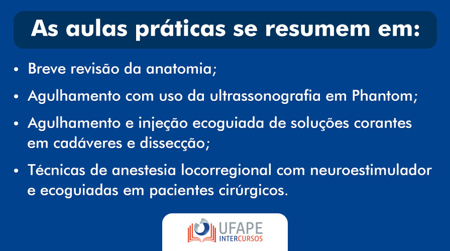 Já as aulas práticas se resumem em: Breve revisão da anatomia; Agulhamento com uso da ultrassonografia em Phantom; Agulhamento e injeção ecoguiada de soluções corantes em cadáveres e dissecção; Técnicas de anestesia locorregional com neuroestimulador e ecoguiadas em pacientes cirúrgicos. 