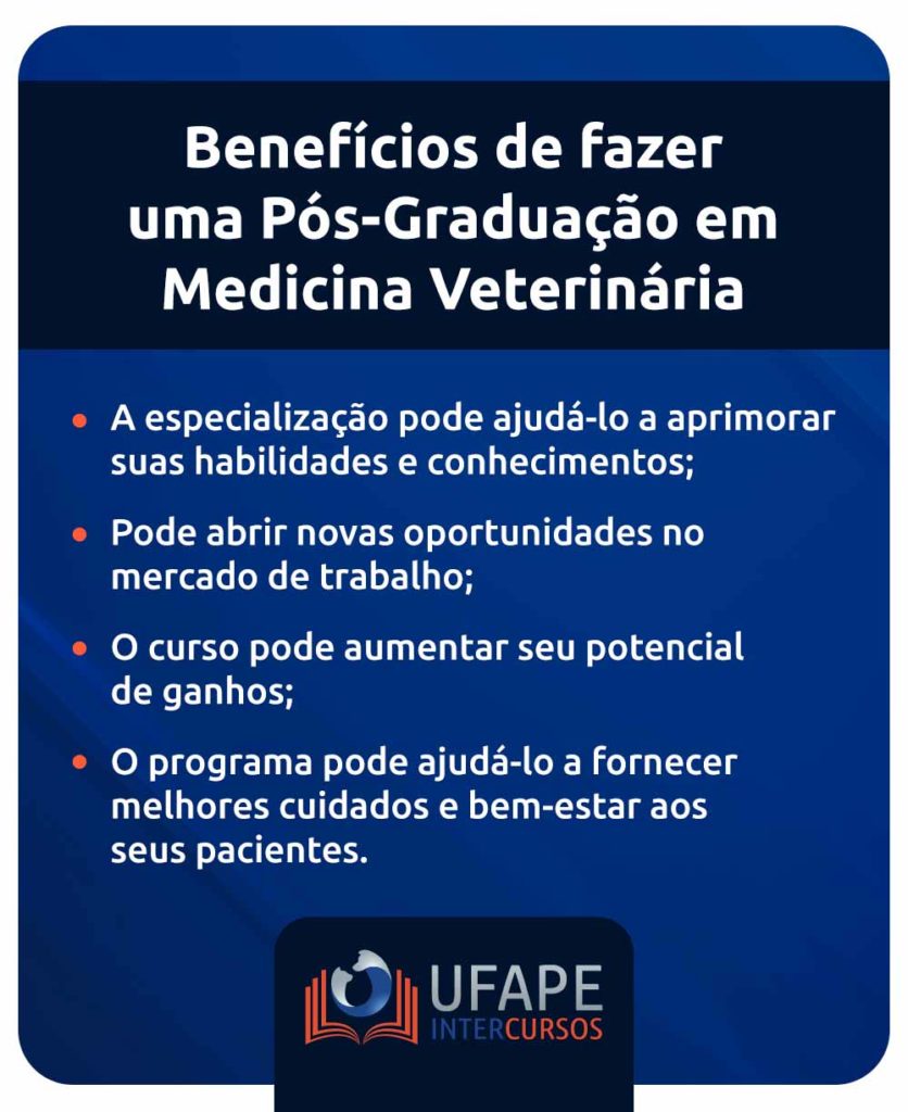 Quais são os benefícios de fazer uma pós-graduação em medicina veterinária? A especialização pode ajudá-lo a aprimorar suas habilidades e conhecimentos; Pode abrir novas oportunidades no mercado de trabalho; O curso pode aumentar seu potencial de ganhos; O programa pode ajudá-lo a fornecer melhores cuidados e bem-estar aos seus pacientes.